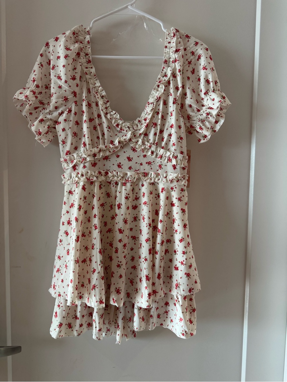 Inspired Hearts Cream Mini Dress with Red Floral Print